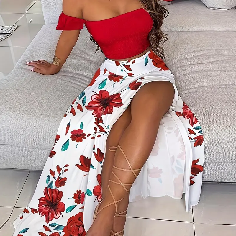 Summer Women's Elegant Feminine Fitted French Vacation Boho Bohemian Floral Print Vintage Halter Crop Top Skirt Set, High Waist Cap Sleeve 2 Piece Womenswear