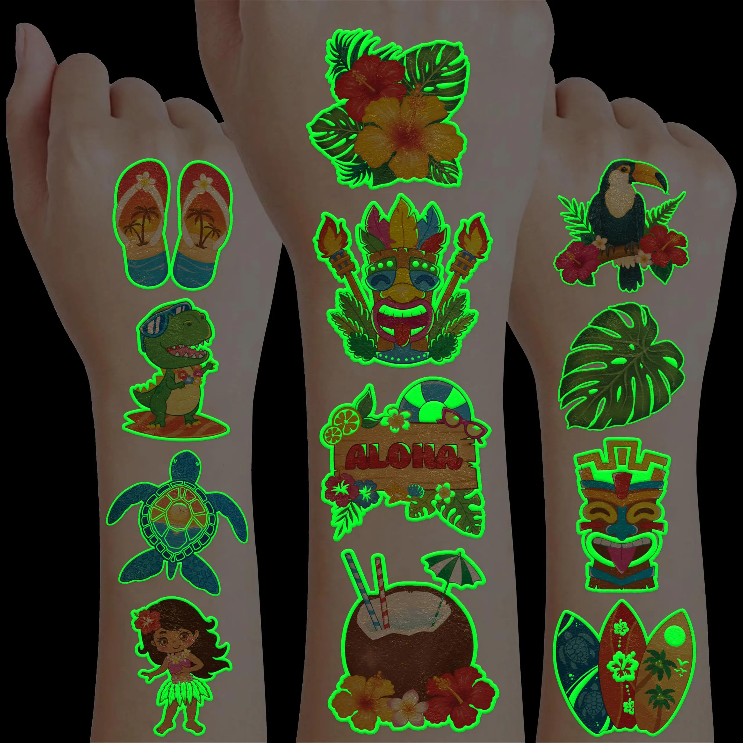 96 Hawaiian Luau Pre-cut Temporary Tattoos For | Super Cute Themed Birthday Party Favors  Supplies Decorations Summer Stickers (luminous)