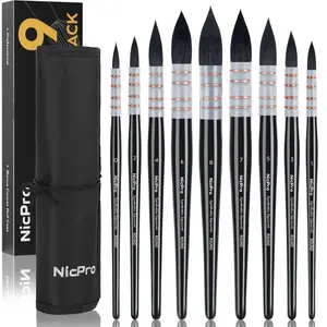 Nicpro 9 PCS Watercolor Brushes, Professional Synthetic Squirrel Hair Water Color Paint Brush Set with Canvas Roll, Absorptive Mop Paintbrushes Artist Supplies for Watercolor, Gouache, Inks Painting