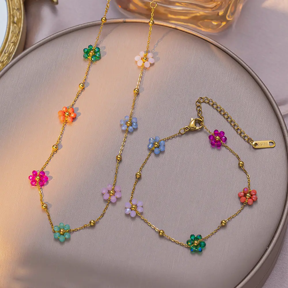 Boho Style Flower Decor Necklace, Clavicle Chain Necklace,Women's Colorful Flower Jewelry Set Dainty Gold Plated Necklace and Bracelet With Beaded Charms For Daily Casual Wear,summervibes