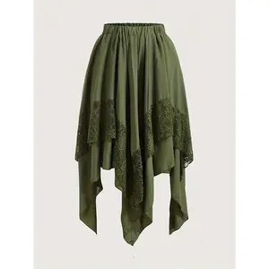 【UrbanFit Women】Skirt with Lace Patchwork, Irregular Design, Flared Hem, Women'S Half Skirt