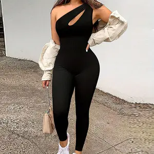 Casual Sports Fashion Solid Color Hollow Out Sleeveless One-Shoulder Tight Bodysuit for Summer Fashion,Jumpsuit, Womenswear