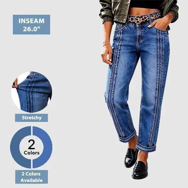 Flamingals Wash Pleated Roll Hem Mid Rise Straight Leg Jeans Womenswear Stretchy 26'' Inseam