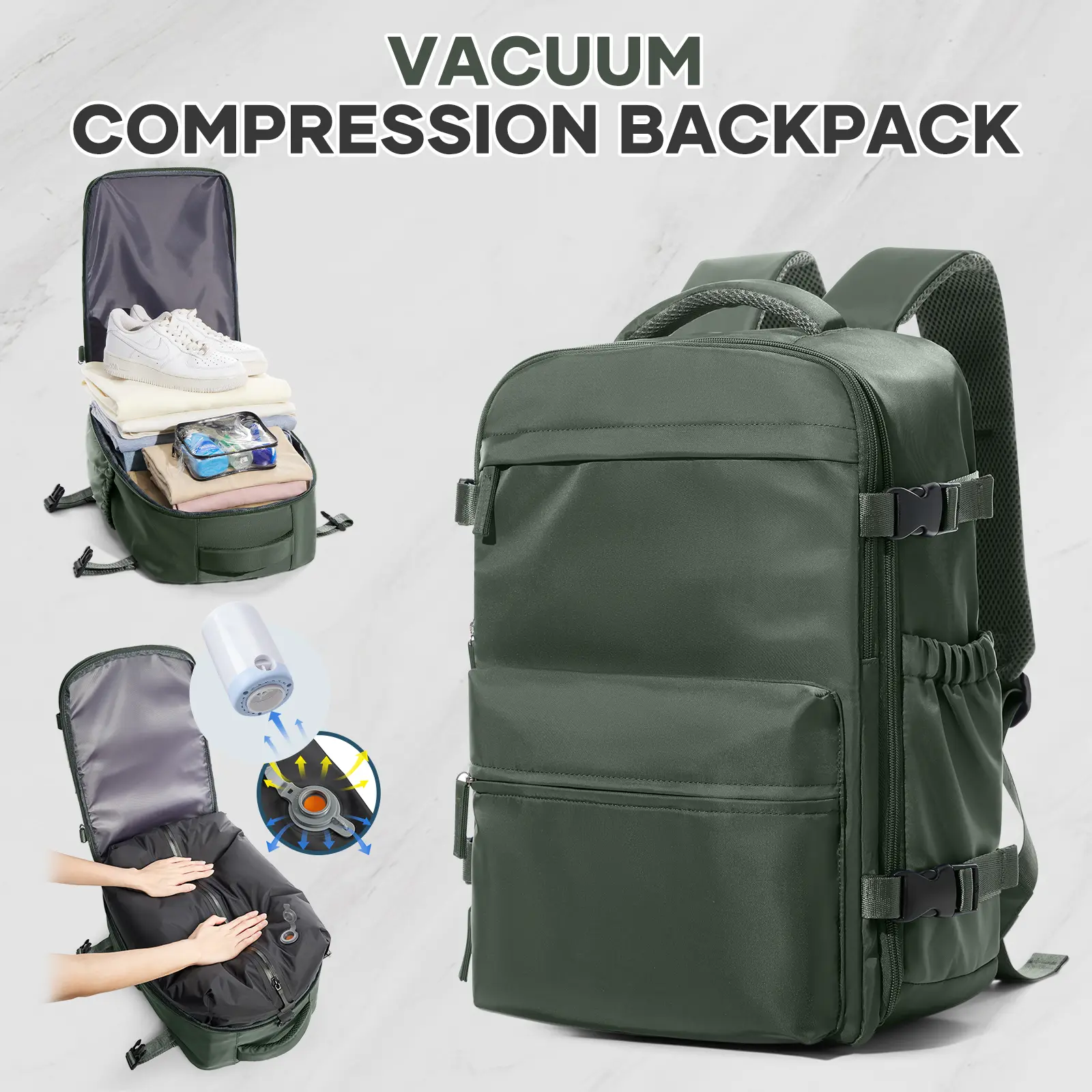 Vacuum Travel Backpack with Pump, Vacuum SealCompression Backpack, Large Travel Bag For Women Men, Durable Outdoor Hiking Sports Rucksack, AirlineApproved Carry On Backpack, Travel Essentials Traveling Bag，green，black