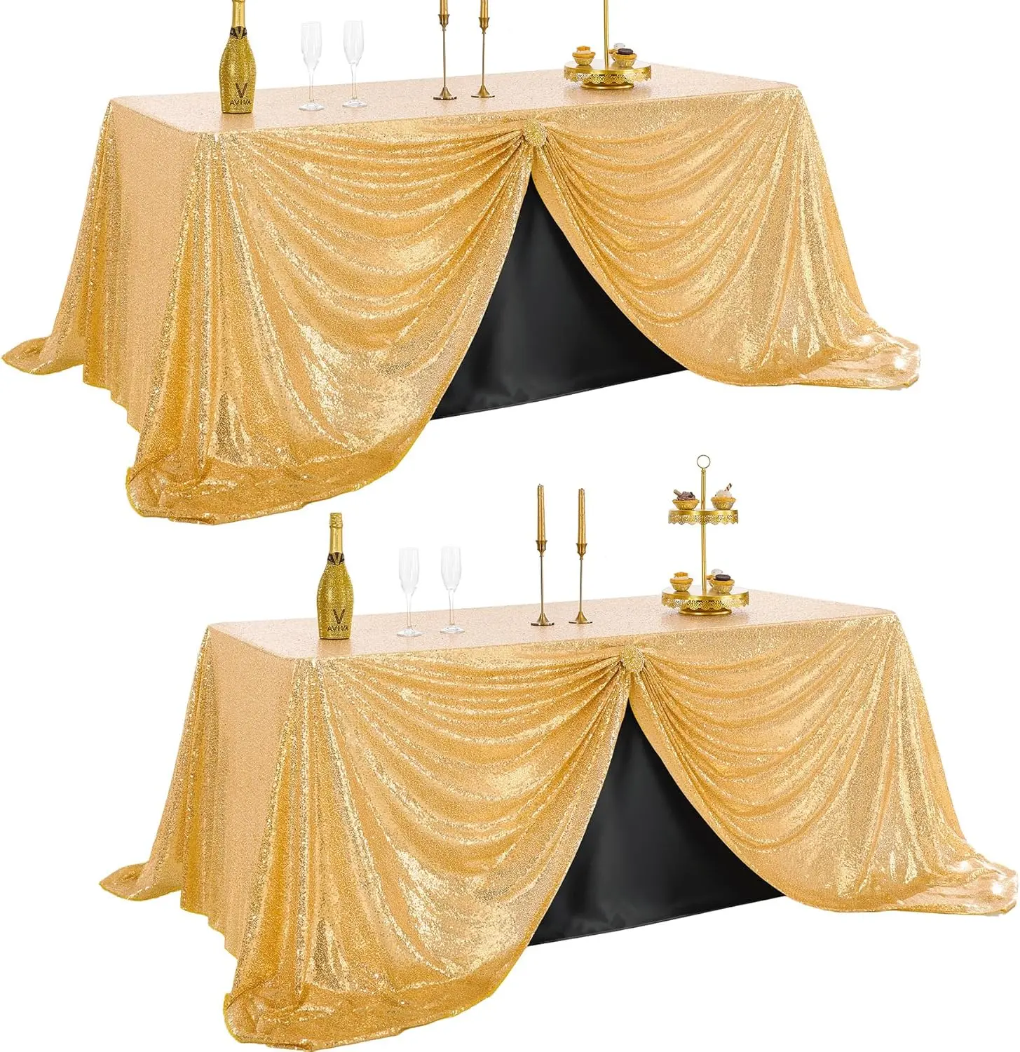 Glam Gold Sequin Mesh Tablecloths (2-Pack, 60x102in Rectangle, Round-Compatible), Multi-Event Celebratory Party Decoration Supplies for Wedding Dessert/Cake Tables, Valentine's Day, Children's Day