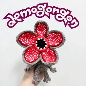 Handmade Crochet Carnivorous Plant Plush Toy Grey Yarn Knitted Red Center Flower Doll Inspired Decorative Figure Cute Amigurumi Desk Decor Unique Gift for Home Office Room Display Shopping Mall Decoration