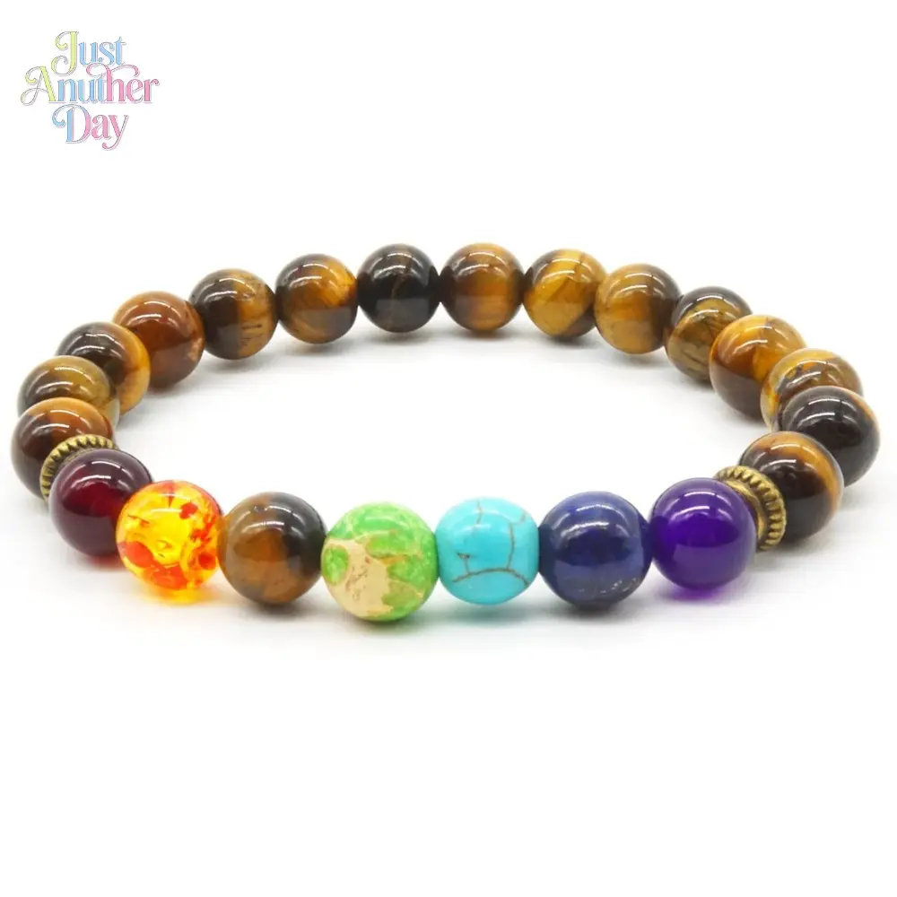 8mm Tiger's Eye Chakra Beaded Bracelet, Natural 7 Chakra Energy Stone Bracelet, Elastic Stretch Healing Crystal Jewelry for Women & Men