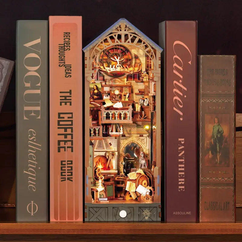 Tonecheer Leonardo da Vinci Themed 3D Wooden Puzzle Book Nook DIY Kit for Adults - Solid Wood Bookend, Bedroom Decor Bookshelf Insert, Dust Cover, LED Lights, Battery-Included Hobby Kit