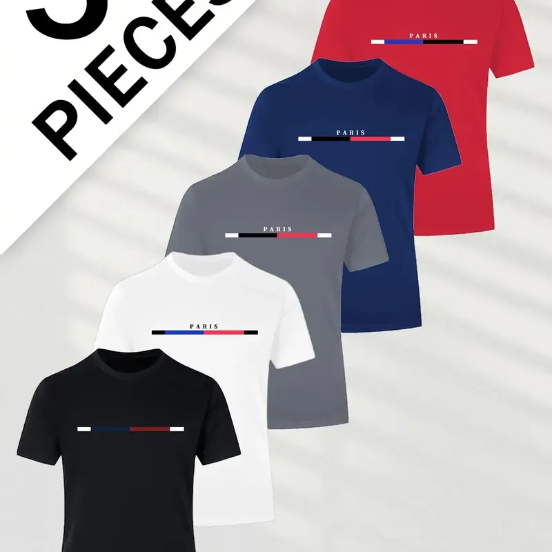 Men's 5-Piece Classic Crew Short-Sleeve Athletic T-Shirt Set - Breathable and Lightweight Stretch Fabric, Everyday Active Tee for Summer Sports & Casual Outings
