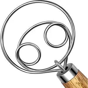 Danish Dough Whisk Stainless Steel Dough Hook Dutch Whisk for Sourdough Bread Dough Mixer Hand Wooden Handle Kitchen Whisking Mixing Tool Bread Making Tools and Supplies