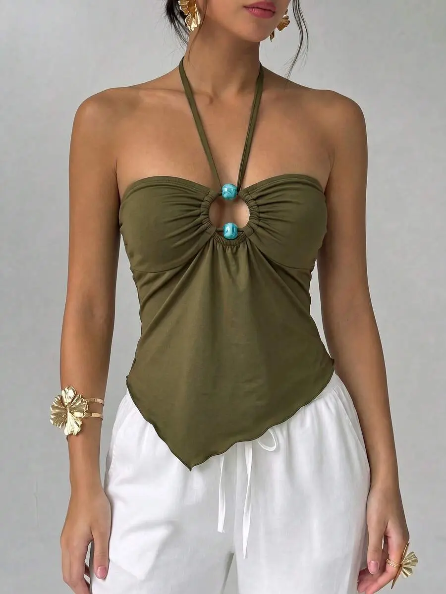 Spring Summer New Sexy Hot Girl Music Festival Party Vacation New Bohemian Beaded Hollow Out Asymmetrical Hem Halter Tank Top Army Green