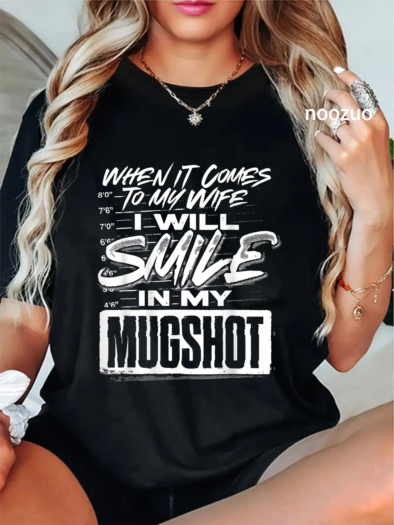 Women's 100% Cotton Vintage Graphic Tshirt - Everyday Funny Casual Top with "When It Comes to My Wife I Will Smile in My Mugshot" Print (Unisex Fit), Streetwear, Holiday