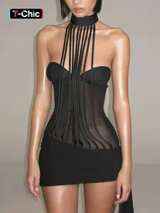 Women's Sexy Sheer Mesh Spliced Solid Bodycon Dress, Chic Slim Fit Sleeveless Backless Halter Dresses, Elegant Evening Party Midi Dress, Street Casual Lady Clothing for New Spring Summer Short