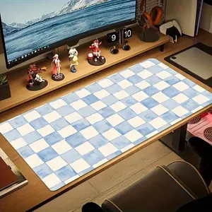 Large blue and white checkered desk mat, 1 piece, suitable for workstations equipped with multiple devices and gaming supplies, featuring a durable rubber base and machine washable.