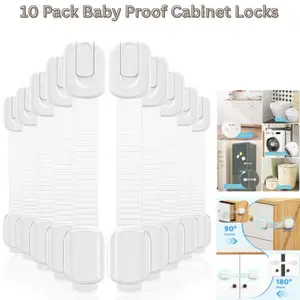 10 Pack Baby Proof Cabinet Locks – Child Safety Latches with 3M Adhesive, Adjustable, Easy Install for Cabinets, Drawers, Fridge, Trash Cans & Toilets