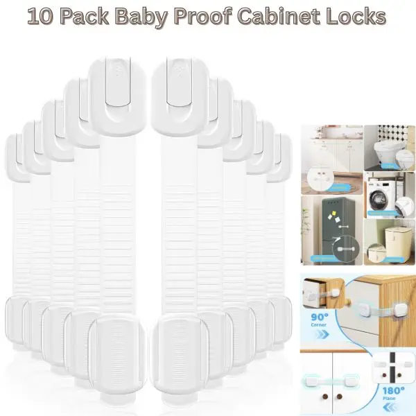 Parents' Modern Child Safety Cabinet Locks, 10-Pack BPA-Free ABS Plastic Latches with Flexible Size Adjustable No-Buckle Straps, Versatile Baby Proofing Solution with 3M Adhesive, No-Drill for Drawers & Fridge, Latch System
