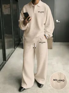 Men's Two-Piece Set Outfit Matching Set Textured Fabric Polo Neck Long Sleeve Blouse & Straight Leg Pants, Milano Letter Print, Casual Spring Fall Wear