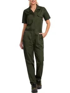 Workidea Women's Front Zipper Snap-Front Jumpsuit Short Sleeve Cotton Blend Army Green Basic Casual Chic Overalls Womenswear Soft Fitted Minimalist Style
