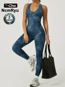Women's Sporty Leopard Print Jumpsuit, Workout Jumpsuit, Sportswear Jumpsuits, High Elasticity Back Cross Strap, Breathable Yoga Pants, Gym Training Golf Tennis Wear, Fitness Activewear, Stretchable Activewear