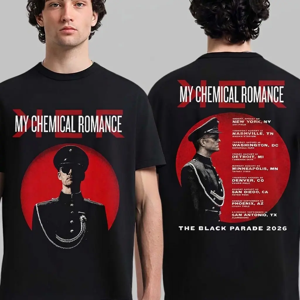 My Chemical Romance The Black Parade 2026 Tour North America Merch Grand Immortal Dictator 2 Sided T-Shirt, My Chemical Romance The Black Parade 2026 Tour Red Sun Double-Sided Premium Printed T-Shirt