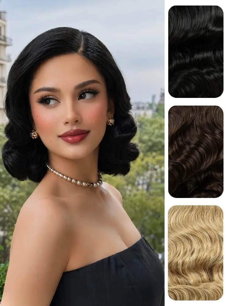 REEWES 1920s Vintage Short Wavy Hair Wig - Black Synthetic Finger Water Wave, 14 Inch Pre-Plucked Wear & Go T-Part Lace Front Wig, Heat Resistant Natural Looking for Women’s Daily, Party Events