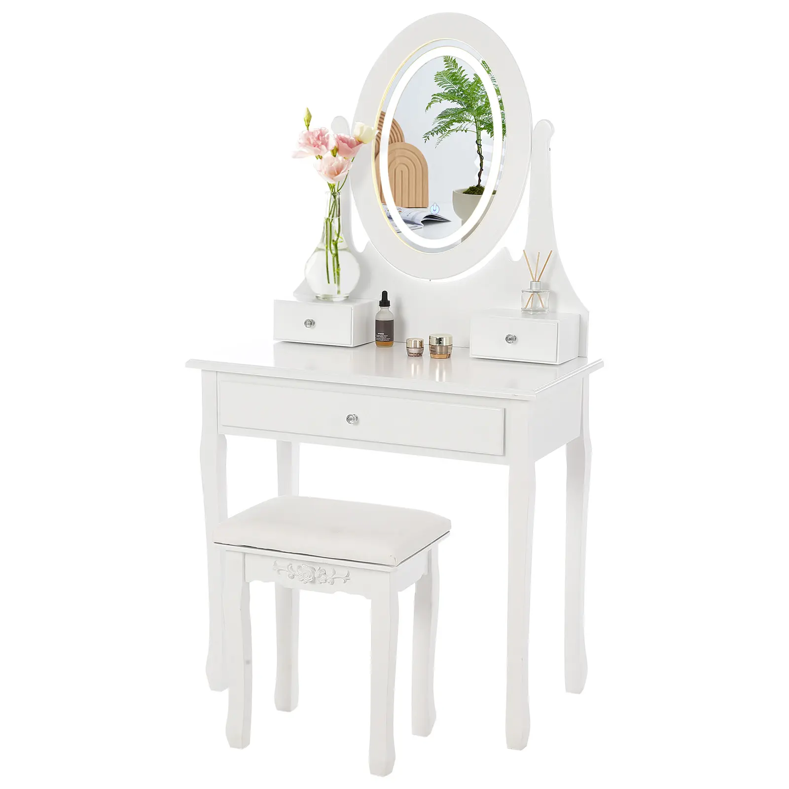 Small Makeup Vanity Table Set w/ Oval 360° Rotatable Lighted Mirror / Cushioned Stool, Adjustable Brightness, 3 Storage Drawers – Girls & Women Dressing Table for Bedroom