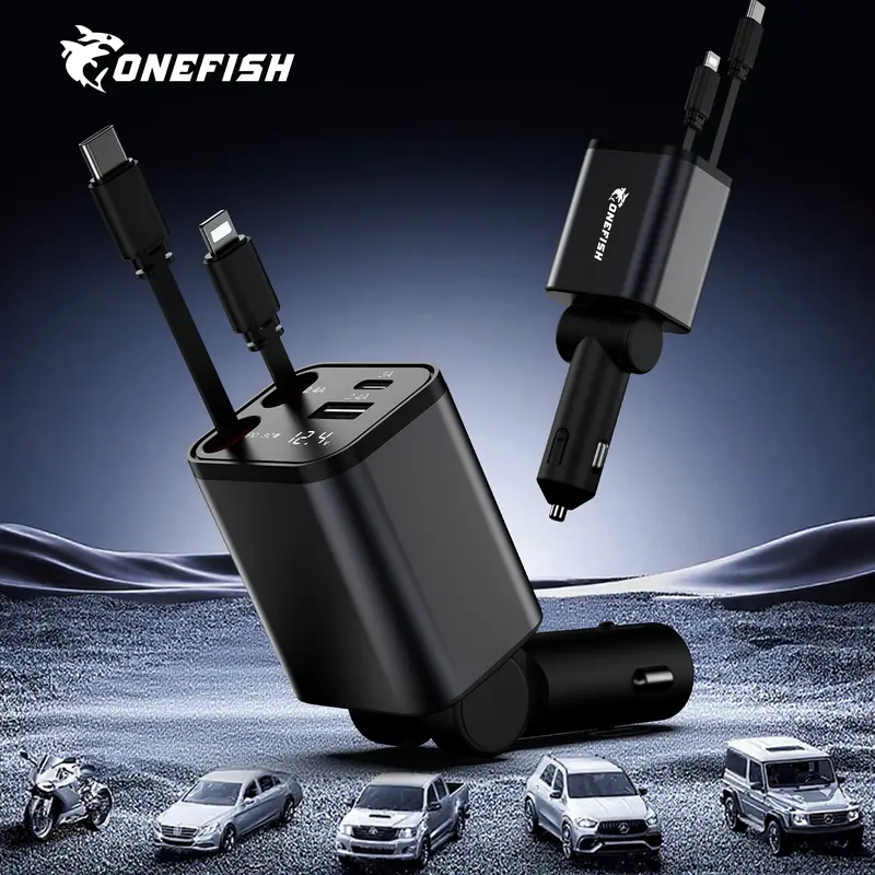 One Fish 4-in-1 Retractable Car Charger, For iPhone, iPad, Samsung, Google, 180° Rotatable Design,30W Fast charging Cablewith USB A, Type C.