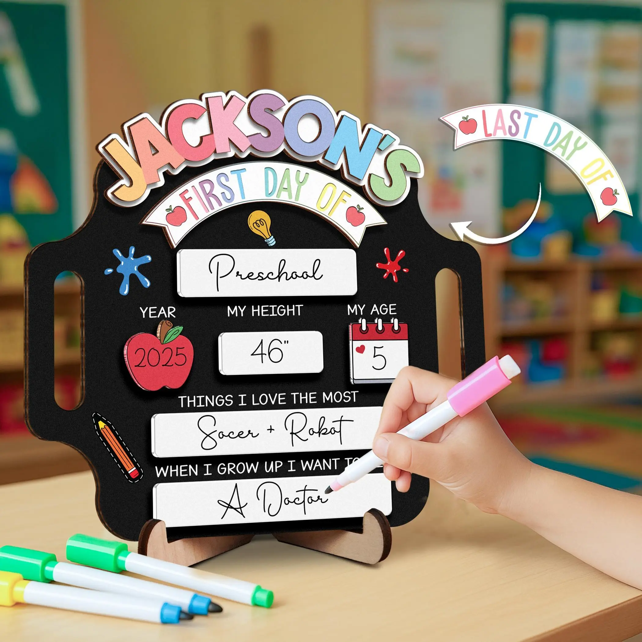 First Day of School Sign, Back to School Reusable Dry Erase Chalkboard Cute, Designs Photo Prop Board with Markers, Last Day of School Wooden Sign Classroom Decor, Gift for Boy Girl