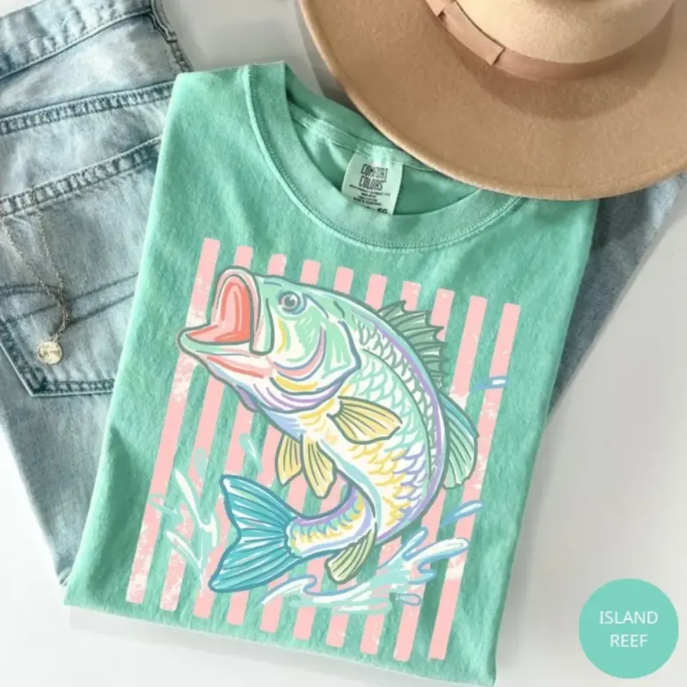 Comfort Colors Retro Bass Fish T Shirt, Pastel Fishing Graphic Tee, Preppy Coastal Lake Aesthetic T-Shirt, Summer Fishing Outfit, Large Mouth Bass Angler Gift Gift For Her, Cotton Fabric