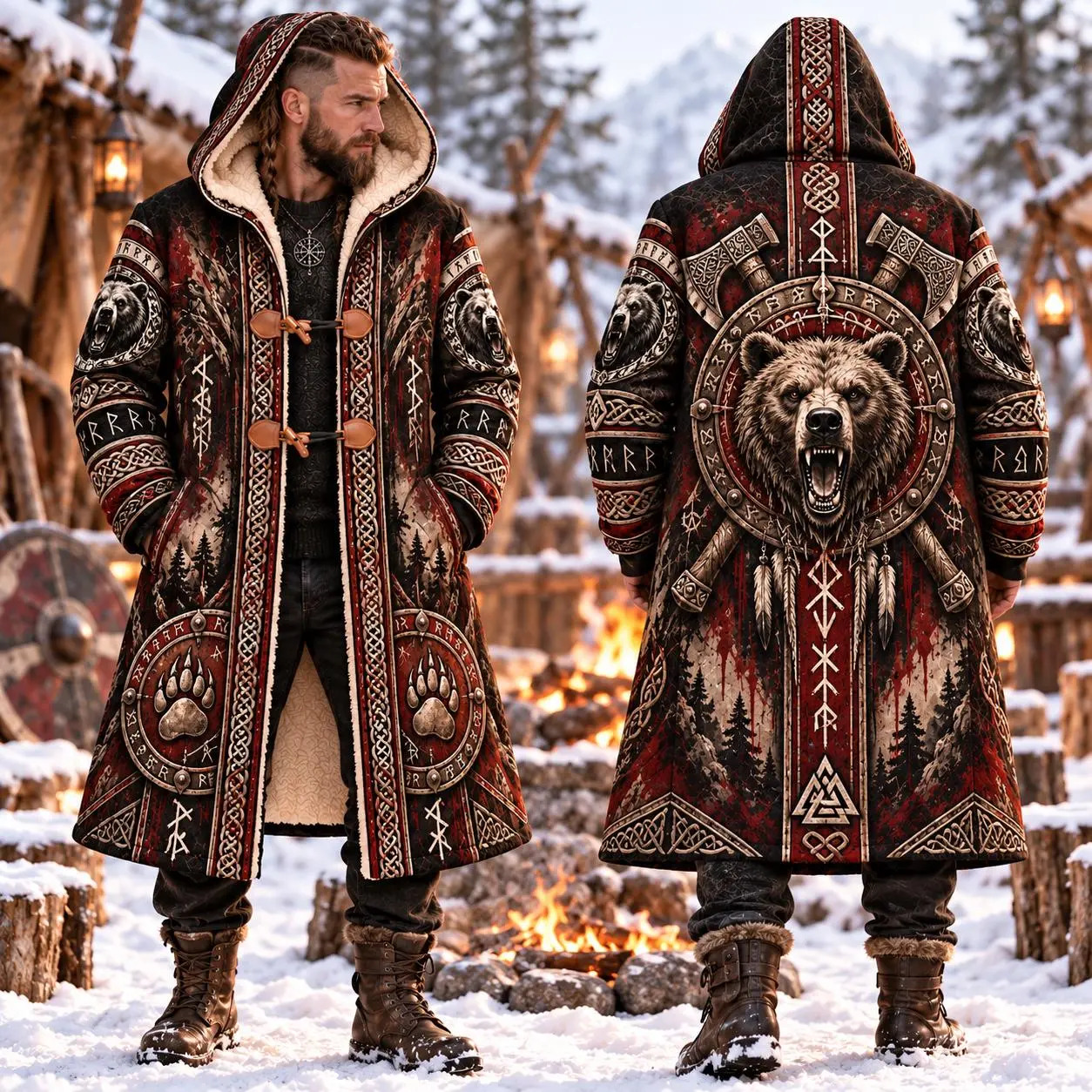 Personalized Viking Bear Hooded Coat for Men, Norse Berserker Winter Jacket, Bear Warrior Gothic Outerwear, Nordic Rune Fantasy Gift for Him