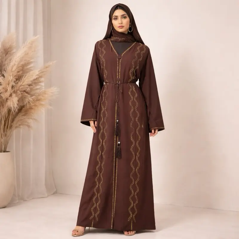 Dubai Abaya with V-Neck, Long Sleeves, Side Detail, Adjustable Tie, Suitable for Various Occasions