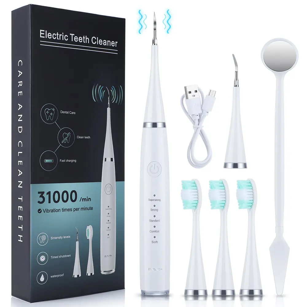 Household Electric Cordless Tooth Cleaner with 5 Brush Heads, Home Teeth Cleaner, 5 Modes Ultrasonic Teeth Cleaning Kit, Rechargeable Toothbrush, IPX6 Waterproof Rechargeable Oral Care Cleansing Tool