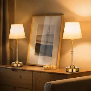 Father's Day Gift VEVOR Cordless Table Lamp, 2 Pack, 5200mAh Built-in Rechargeable Battery Desk Lamp, 3-Level Brightness, Fabric Shade, 2700-3000K Color Temperature, Table Light for Restaurant, Bedroom, Bars, Gold