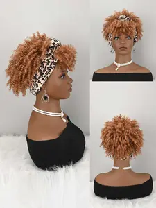 Women's Afro Kinky Curly Wig with Headband, Synthetic Short Hair Wig, Easy-To-Wear Headwrap, Perfect for Daily Use