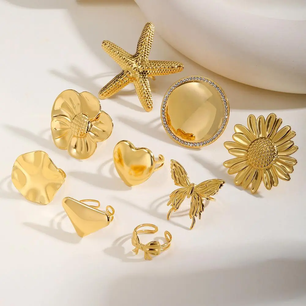 Vnox Stainless Steel Open Ring,Minimalist Irregular Bow Star Sunflower Plant Elements Curved Ring,Finger Jewelry Cute Gifts