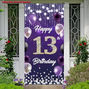 1pc 2D flat banner,Happy 13th Birthday Backdrop Banner Purple Theme Background with Shiny Diamond Noble Elegant Birthday Party Photo Photography Prop Booth Door Background for Boys Girls Celebration