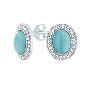 Classic Synthetic Stone Milgrain Bezel Halo Oval Stud Earrings Sterling Silver
