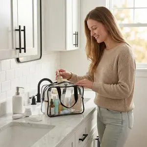 PVC Clear Pure Color Transparent Large Zipper Cosmetic Pouch Travel Makeup Cosmetic Bag  with Handle for Travel Bathroom Toiletry Organizer (Clear+Black/White Handle)