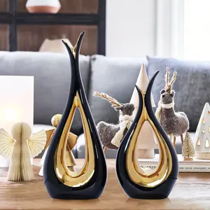 2 PCS Black Gold Vase Home Decor Accent Ceramic Vase set of 2 Vases for Centerpieces Pampas Flower Vases for Coffee Table Living Room Shelf Bookshelf Dining Kitchen Mantel and Entryway Decorations