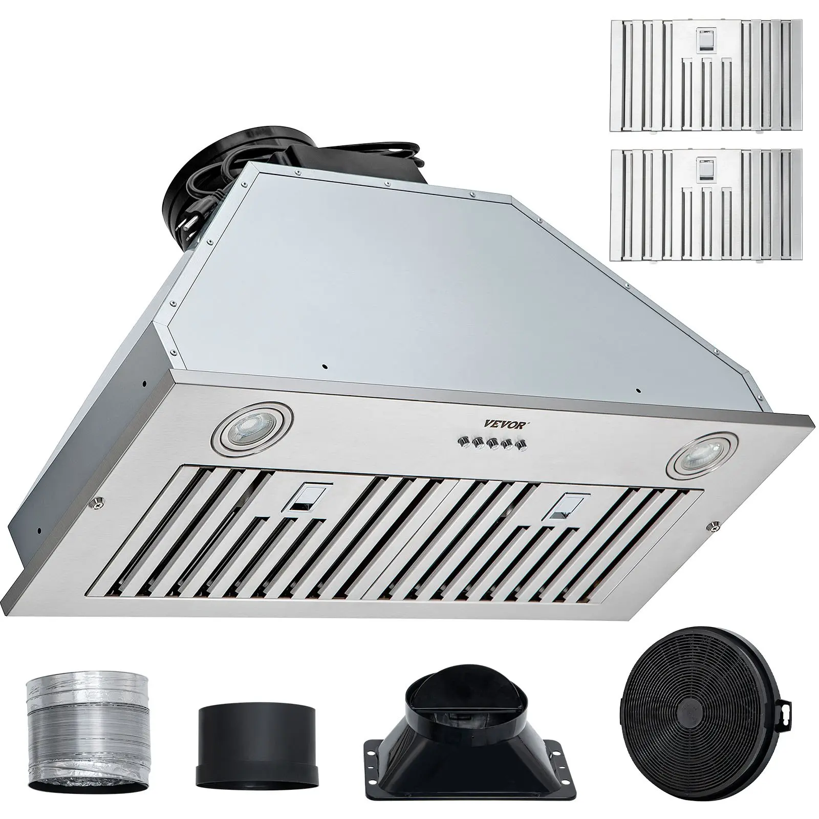 VEVOR 30-Inch Built-in Type Insert Range Hood, 201 Stainless Steel, 800CFM Power Smoke Removal, 3-Speed 125W, Push Button Control, 2x3W LED Light, Baffle & Charcoal Filters, Ducted/Ductless Convertible, ETL Listed, 27.8x11.5x15.3 Inch, 28.9Lbs/13.1Kg