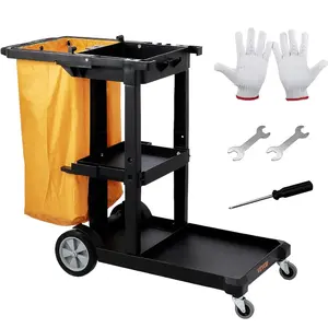 VEVOR Cleaning Cart, 3 - Shelf Commercial Janitorial Cart, 200 lbs Capacity Plastic Housekeeping Cart, with 25 Gallon PVC Bag, 47x 20x 38.6in, Yellow BlackVEVOR Super Brand Day