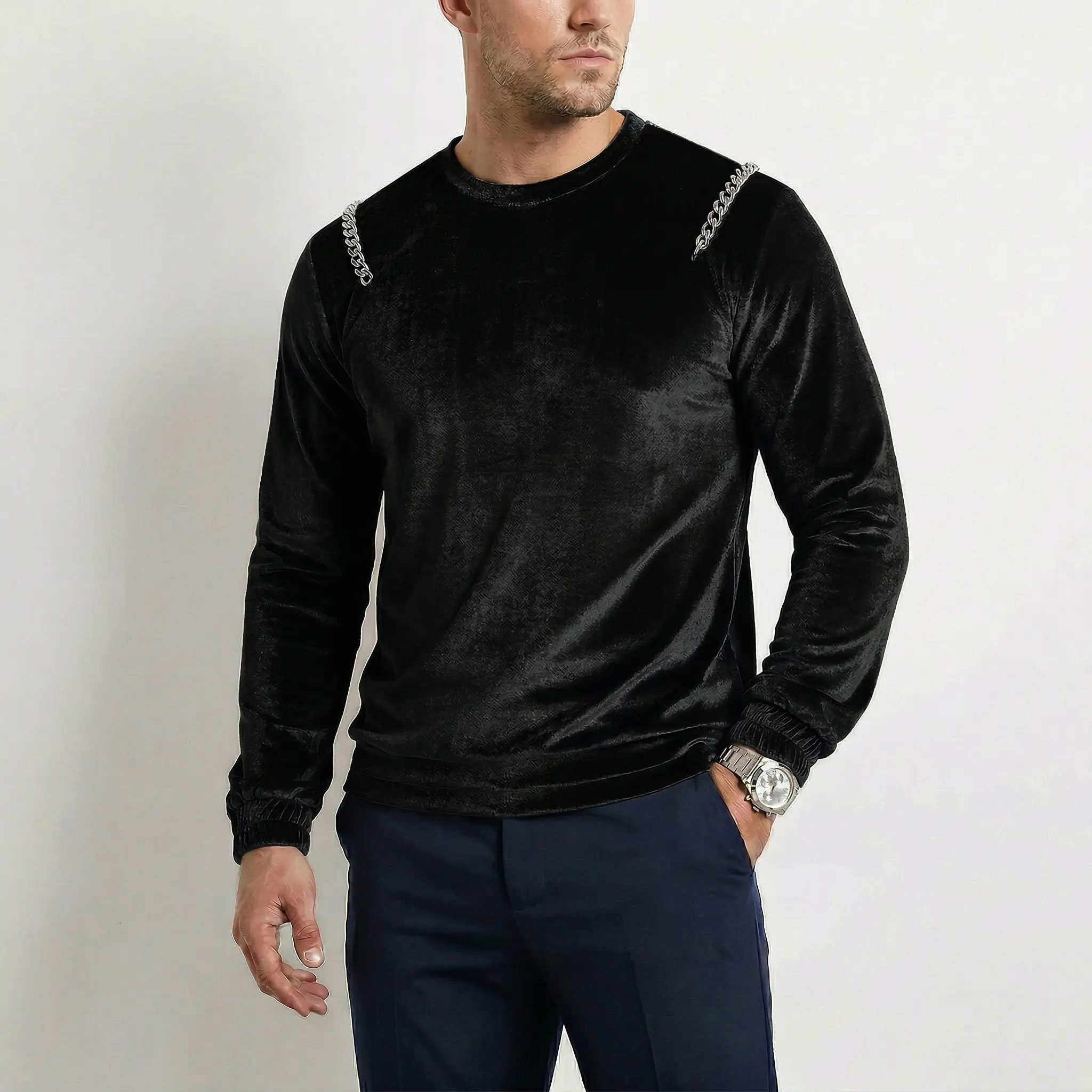 INCERUN Men's Opium Core Velvet Pullover with Metallic Chain Detail, Stylish Street Style Longsleeve for Rave Clubwear