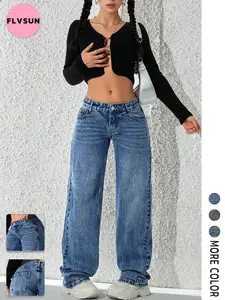Flvsun-2025Women's Jeans Pants Fashion Loose Fit Casual Low Rise Denim Pants Y2K Retro Streetwear Vintage American Wide Leg Trousers  Bottoms Basic Minimalist