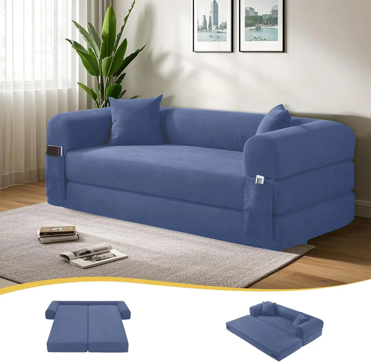 3-in-1 80-in Corduroy Convertible Sofa Bed, No-Assembly Modern Boneless Compression Couch in Box with Pillows, Side Storage Floor Couch for Living Room, Dark Smog Blue