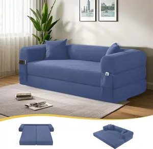 3-in-1 80-in Corduroy Convertible Sofa Bed, No-Assembly Modern Boneless Compression Couch in Box with Pillows, Side Storage Floor Couch for Living Room, Dark Smog Blue