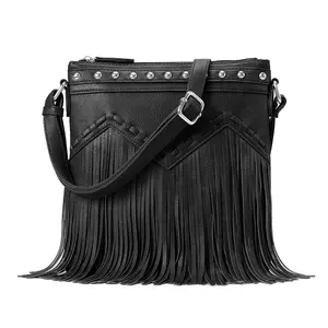 Fringe Crossbody Bag with Rivets Western Purse Vegan Leather Tassel Shoulder Crossbody Bag for Women