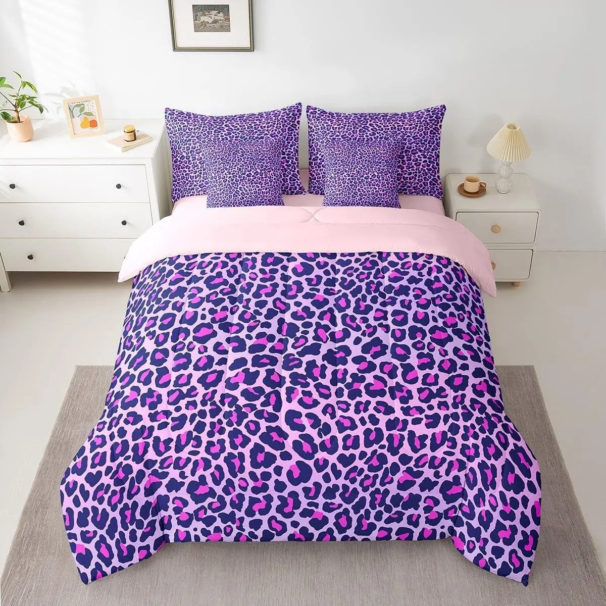Leopard Print Comforter Set 7 Pcs Women Purple Leopard Comforter Bed in a Bag Safari Wild Animal Bedding Set Pink Bed Set with Sheets,Pillowcases,Pillow Covers