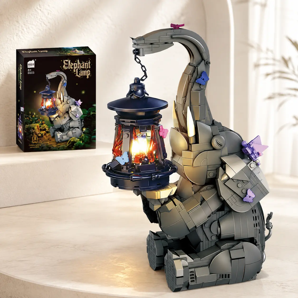1106-Piece Elephant Lantern Building Block Set, Creative Animal Lamp DIY Construction Model with Light, Home Decor Gift for Adults & Building Enthusiasts