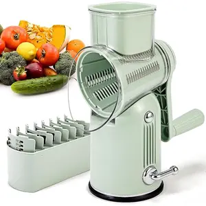 Vegetable Food Chopper with  5 interchangeable Blades, Powerful Suction Cup Base, 1 Blade Storage Rack & Rotating Cheese Gyro Cutter Kitchen Utensils New Beige