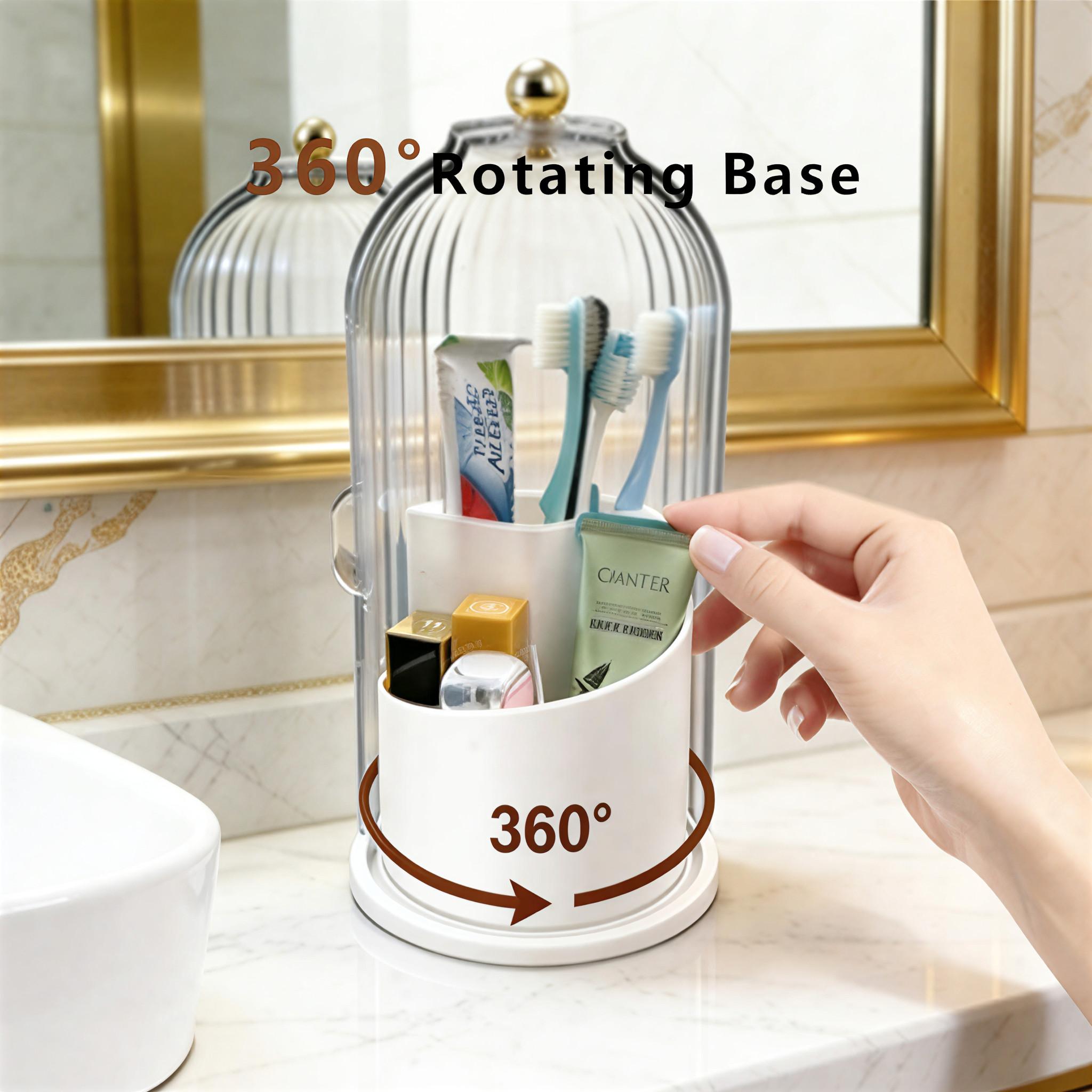 Toothbrush Holders with Sliding Lid for Bathroom Counter Organizer, 360 Rotating Toothbrush & Makeup Brush Organizer - Dustproof, Anti-Slip, Drainage Design with 3 Slots - Ideal Birthday, Bathroom Decor, Valentine & Holiday Gift toothbrush  hoder dustproo